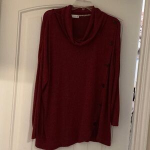 Elegant Red Cowl Neck Sweater with Button Detail